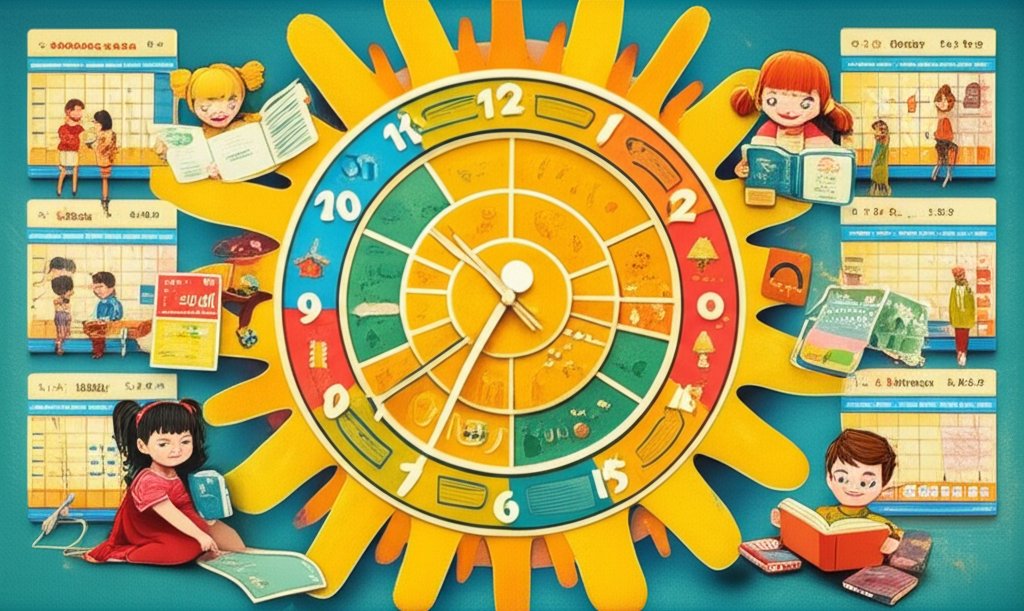 Kids' time management: colorful visual schedule, happy child organized and on track.